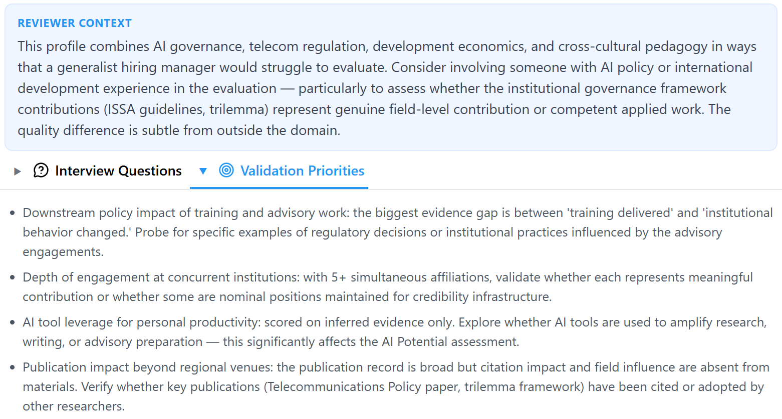 Reviewer Context block recommending who should be involved in the evaluation given the profile's cross-domain range, followed by expanded Interview Questions with 'Listen for' guidance that tells a generalist interviewer what a strong answer looks like versus a weak one.